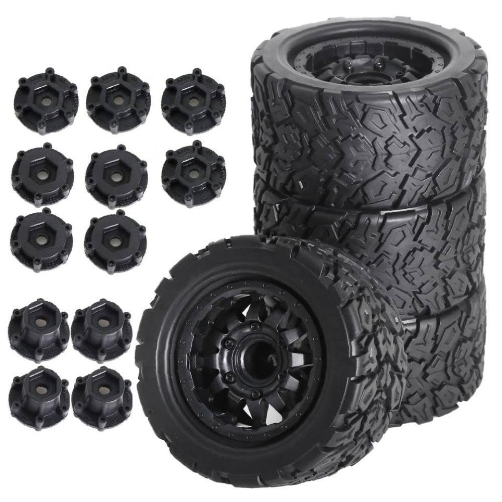 4pcs 110mm 1/10 Scale Stunt Tires Compatible with 12mm and 14mm Hex Hubs Fits Various RC Trucks Similar to MAXX Outcast