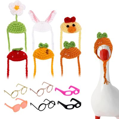 6 Sets 7in Mini Desk Goose Outfits, Mini Knitting Hat with Glasses Cute Adjustable Small Porch Goose Headwear Accessories for Magnetic Geese Statue