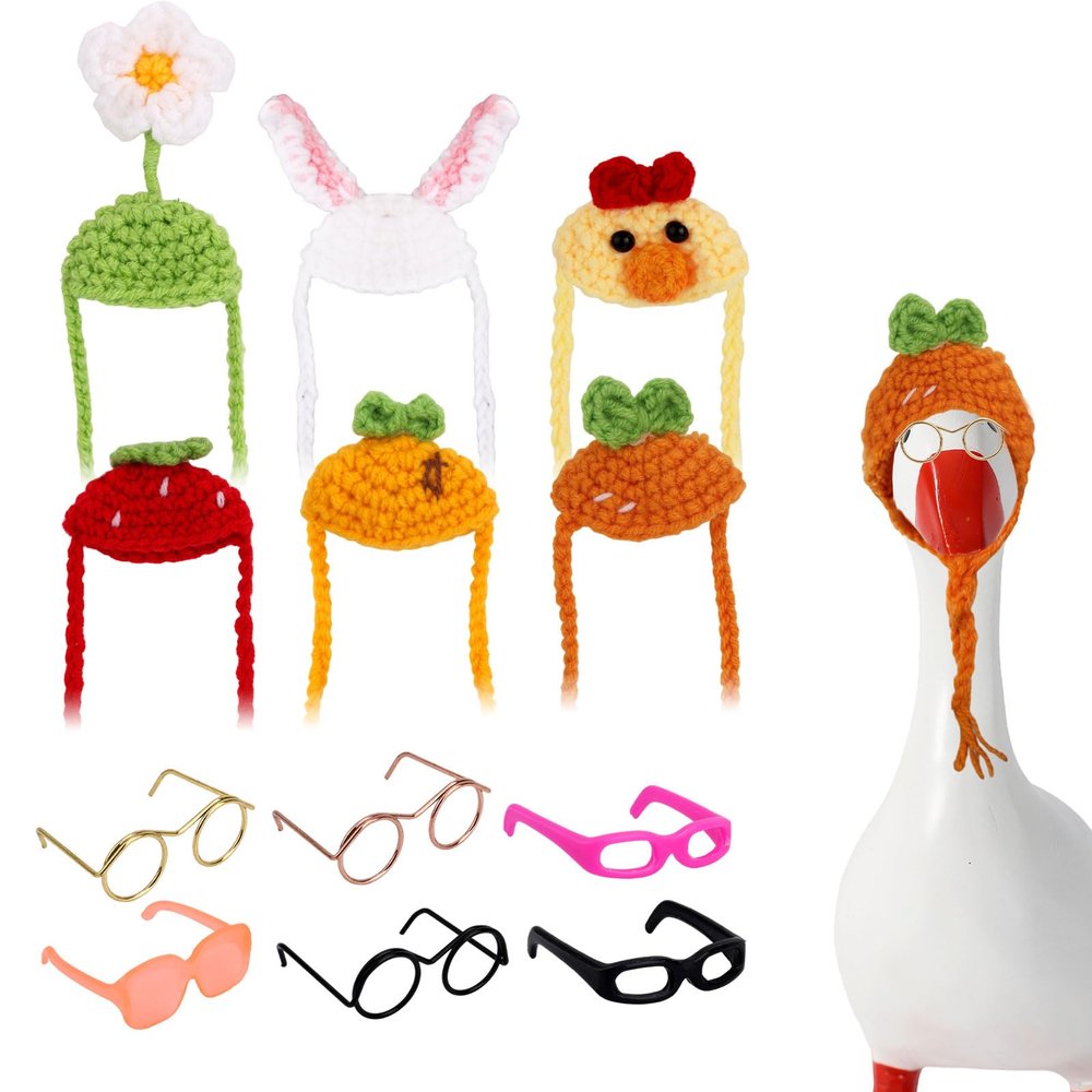 6 Sets 7in Mini Desk Goose Outfits, Mini Knitting Hat with Glasses Cute Adjustable Small Porch Goose Headwear Accessories for Magnetic Geese Statue