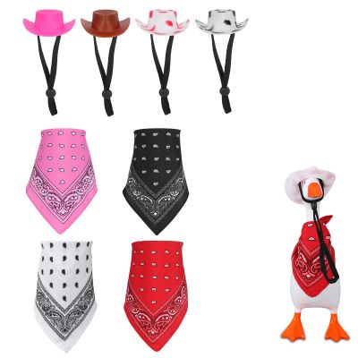 4 Set Mini Desk Goose Outfits, Desktop Cowboy Hat and Scarf 7 Inches Small Goose Costume Statue Clothes Accessories for Desk Decorations