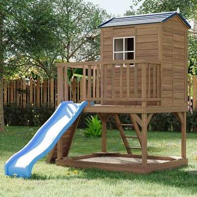 Kids Outdoor 2-Story Cedar Playhouse with Slide, Sandbox & Step Ladder