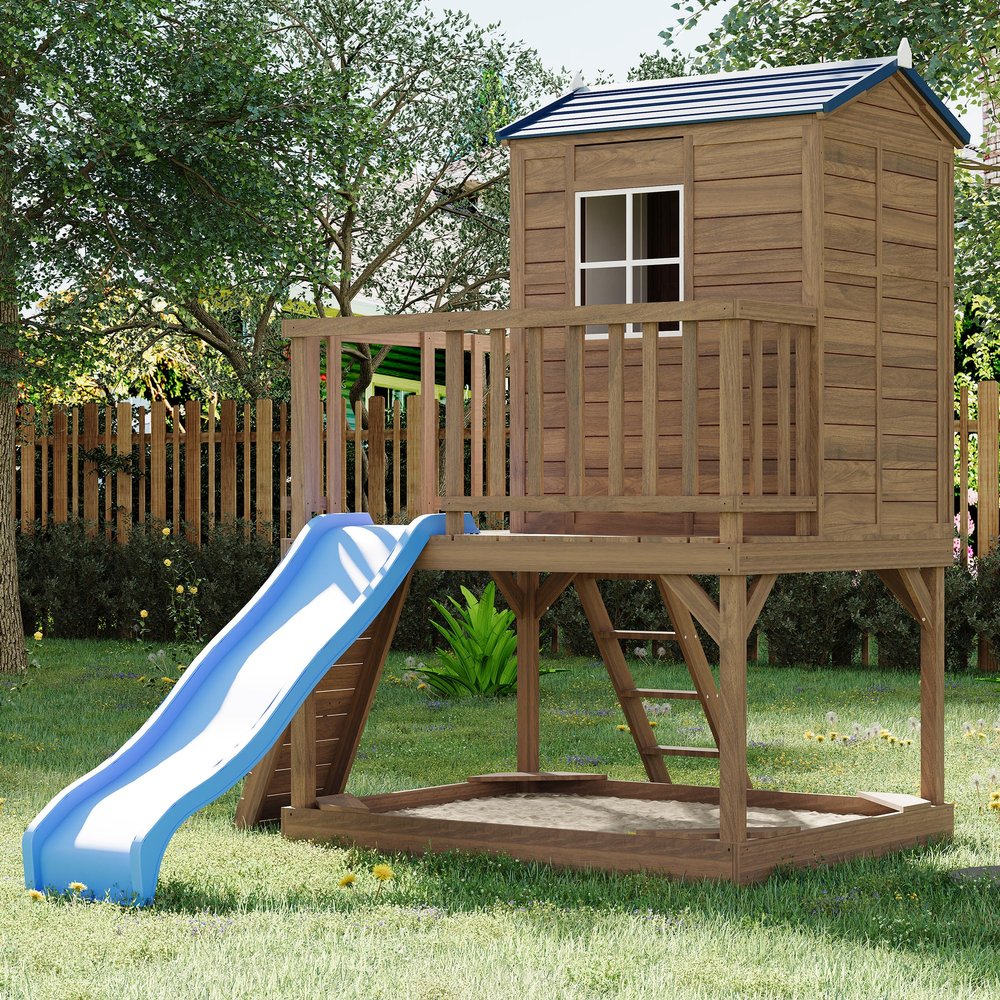 Kids Outdoor 2-Story Cedar Playhouse with Slide, Sandbox & Step Ladder