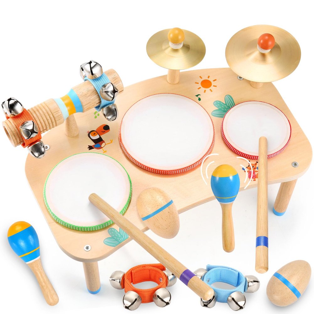 WINGYZ 11-in-1 Kids Drum Set Montessori Baby Musical Toys & Wooden Musical Instruments for Toddlers 1-3, Music Table with Bongo Drums, Cymbals, Maracas & Wrist Bells for Early Rhythm Play