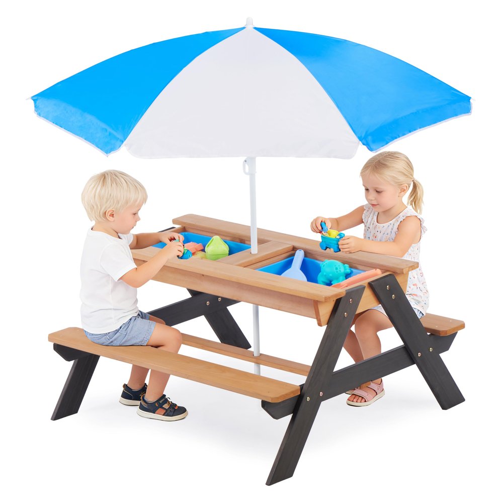SoliWood Kids 3 in 1 Convertitable Sand and Water Table with Umbrella, Picnic Table for Outdoor Backyard Patio Play