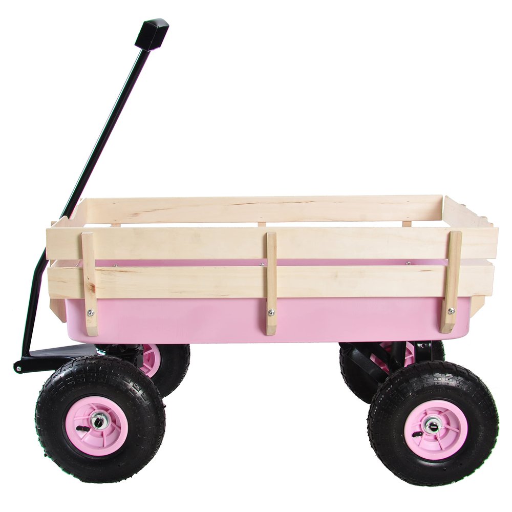 Heavy Duty Steel Frame Radio Flyer Wagon with 10" All-Terrain Air Tires & Wooden Side Panels, Wooden Wagon 176LB Capacity, Foldable Utility Cart for Gardening, Outdoor Toys (Pink)