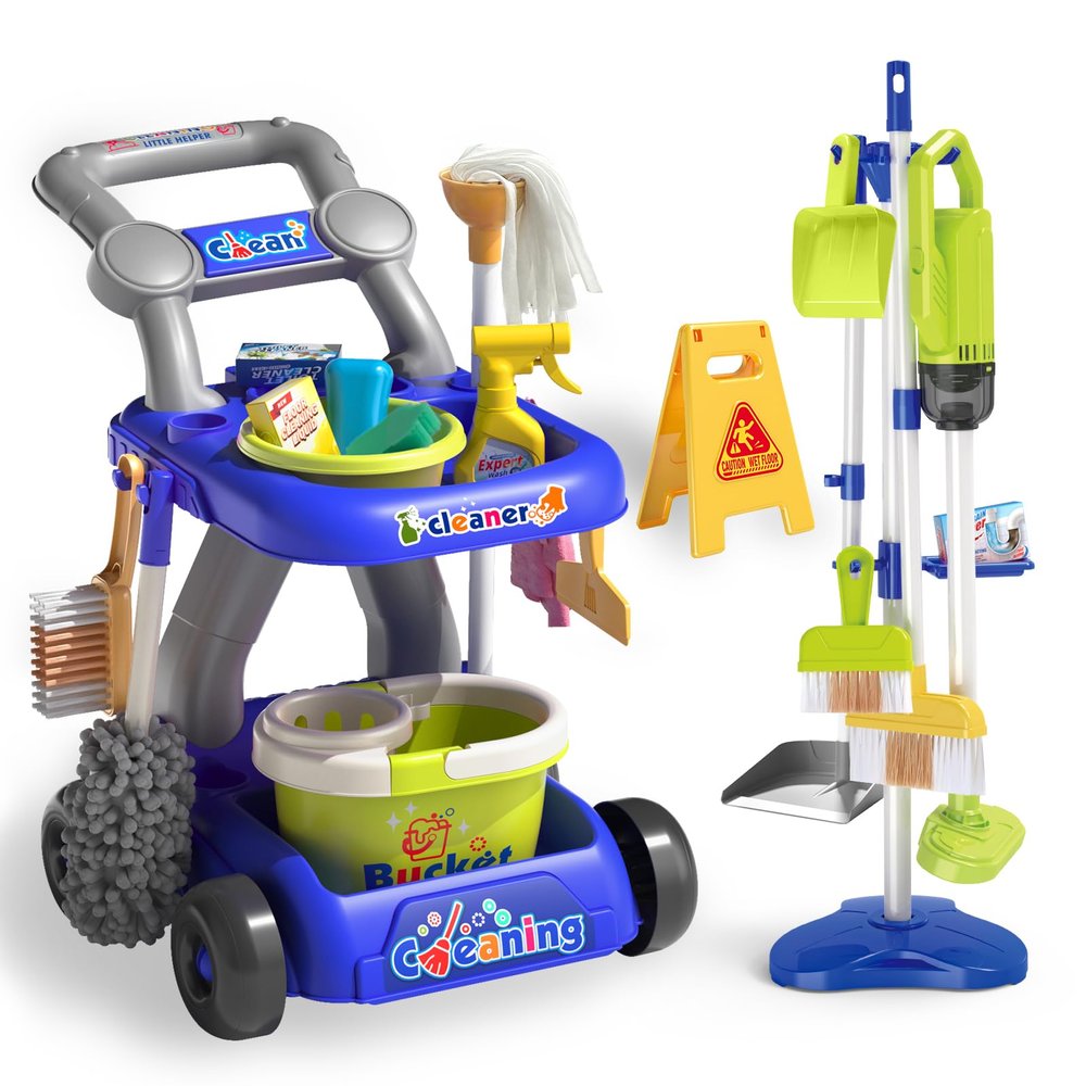 Siwuoke Kids Cleaning Toy Set, Educational Pretend Play Cart with 29 Pcs, Detachable Housekeeping Tools for Toddlers