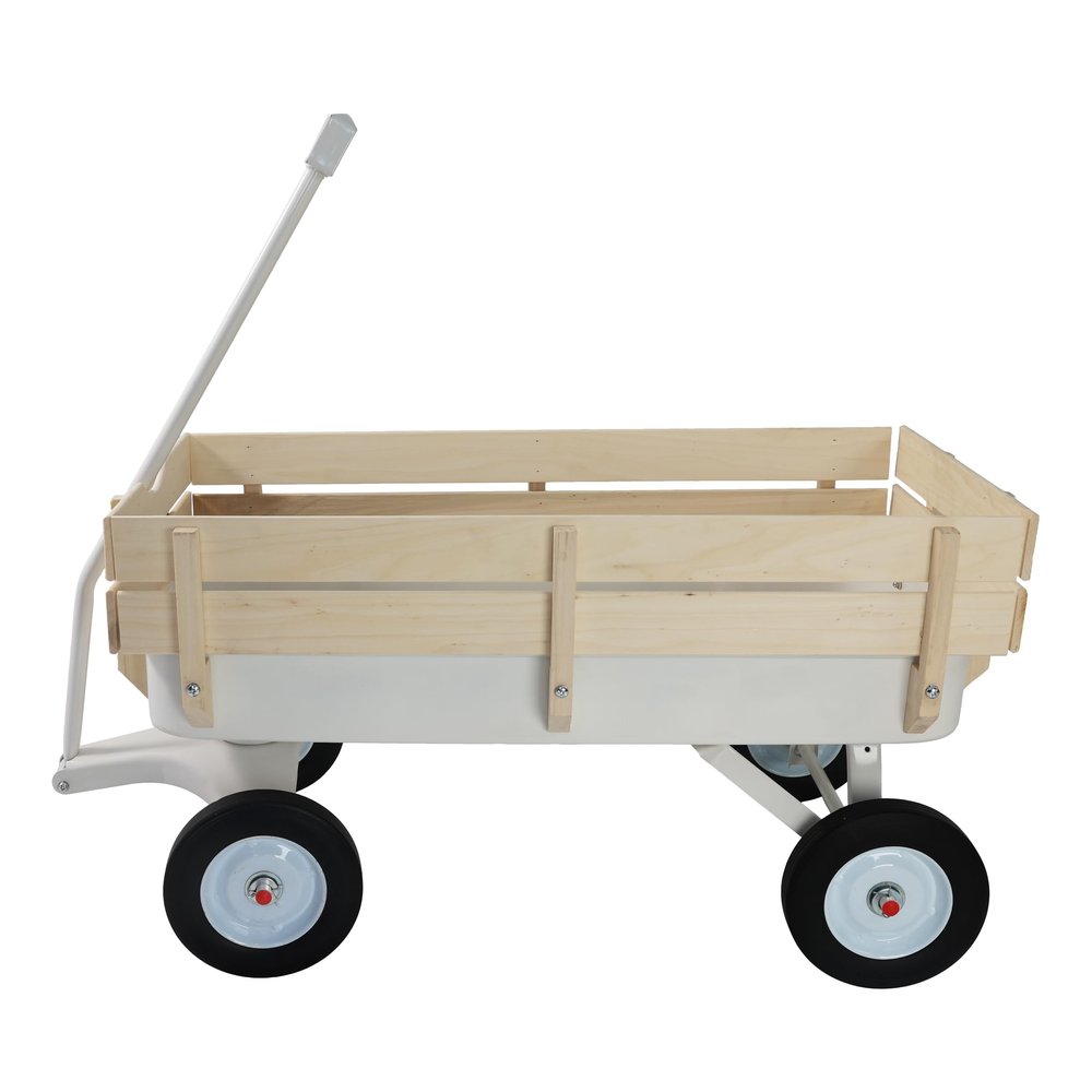 Heavy Duty Steel Frame Radio Flyer Wagon with 10" All-Terrain Air Tires & Wooden Side Panels, Wooden Wagon 176LB Capacity, Foldable Utility Cart for Gardening, Outdoor Toys (White)