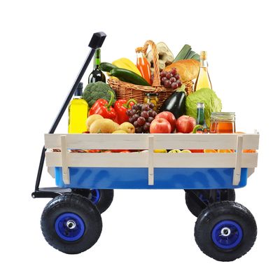Heavy Duty Steel Frame Wagon with 10" All-Terrain Air Tires & Wooden Side Panels, Wooden Wagon 176LB Capacity, Foldable Utility Cart for Gardening, Outdoor Toys (Blue)