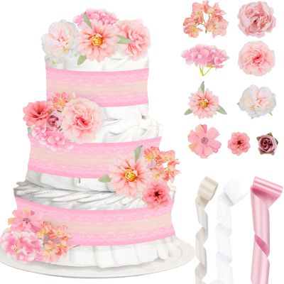 Cheerupp Pink Floral Theme Diaper Cake Decorations for Baby Shower Party, White Lace Ivory Cream Pink Ribbons Artificial Flowers Floral Stems Decor for Baby Shower Birthday Party Supplies