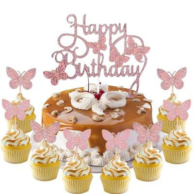 13 Pcs Butterfly Cake Topper Set Pink Glitter Cake Decor 3D Butterfly Cake Decorations for Baby Shower Boys Girls Birthday Party Supplies