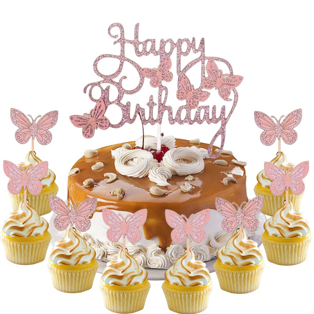 13 Pcs Butterfly Cake Topper Set Pink Glitter Cake Decor 3D Butterfly Cake Decorations for Baby Shower Boys Girls Birthday Party Supplies
