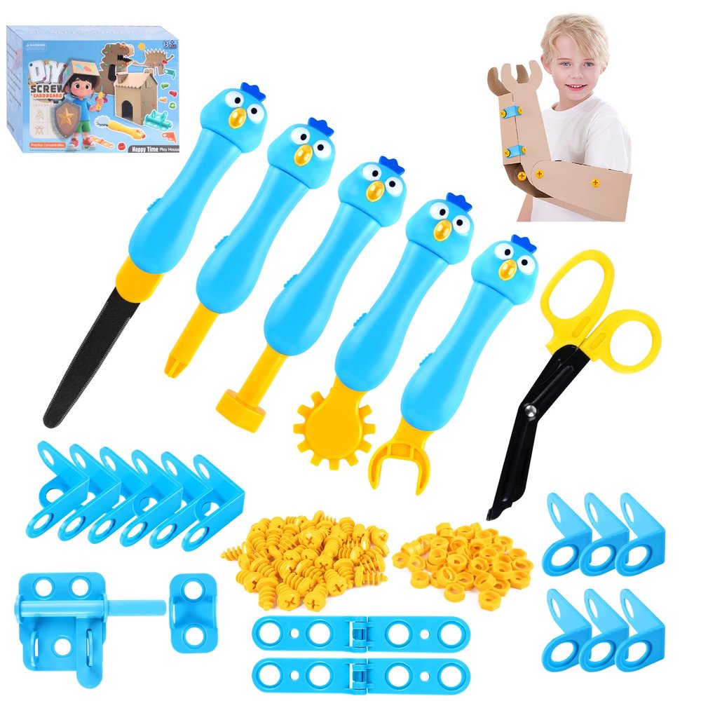 Cardboard Cutter for Kids - 122 PCS Resuable Safe Cardboard Tools for Kids | Educational Building Toys for Family Classroom Activities | Christmas Birthday Gifts for 5 6 7 8 9 Years Old Boys Girls