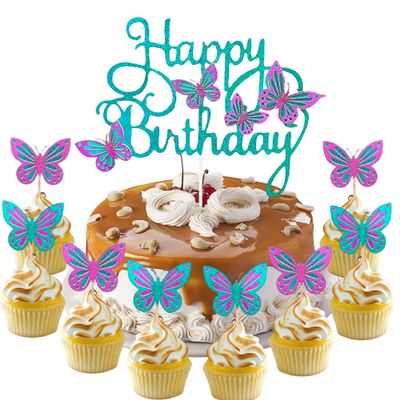 13 Pcs Butterfly Cake Topper Set Blue Purple Glitter Cake Decor 3D Butterfly Cake Decorations for Baby Shower Boys Girls Birthday Party Supplies