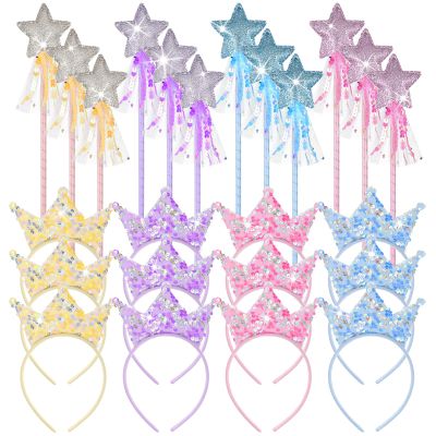 24 Pack Princess Wands Party Favors Sequin Princess Crown Headbands Colorful Glitter Star Fairy Wands Birthday Decorations Fairy Party Favors (4 Colors)