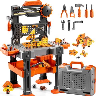 DULONIME 2 in 1 Workbench Tools Toys Set with Sound for Toddlers Aged 3-5, 145 PCS Educational Construction Mechanic Toolbox for Boys Girls, Pretend Play Toys Birthday Gift for Kids 3 4 5 6 Years Old