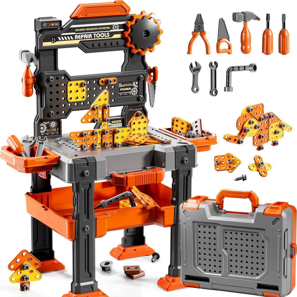 DULONIME 2 in 1 Workbench Tools Toys Set with Sound for Toddlers Aged 3-5, 145 PCS Educational Construction Mechanic Toolbox for Boys Girls, Pretend Play Toys Birthday Gift for Kids 3 4 5 6 Years Old