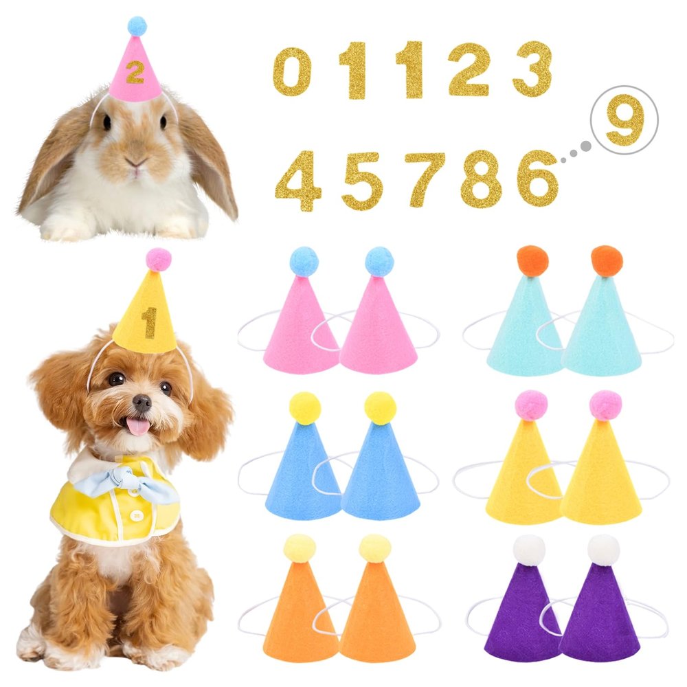 12pcs Mini Party Hats for Stuffed AnimalsPet Birthday Party Hats Dolls Dog Cat Rabbit Puppies Assorted Animal Birthday Decorations with Gold Numbers
