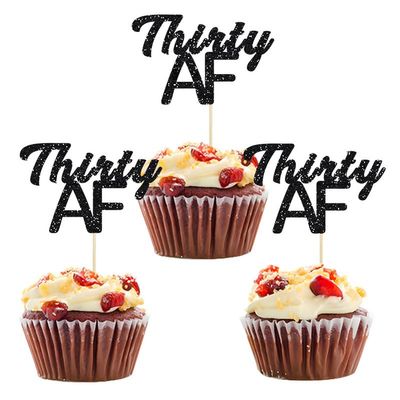 24 Pack Black Glittery Thirty AF Cupcake Toppers Dirty Thirtieth30th Birthday 30th Anniversary Celebrate 30 Years Retirement Party Decoration
