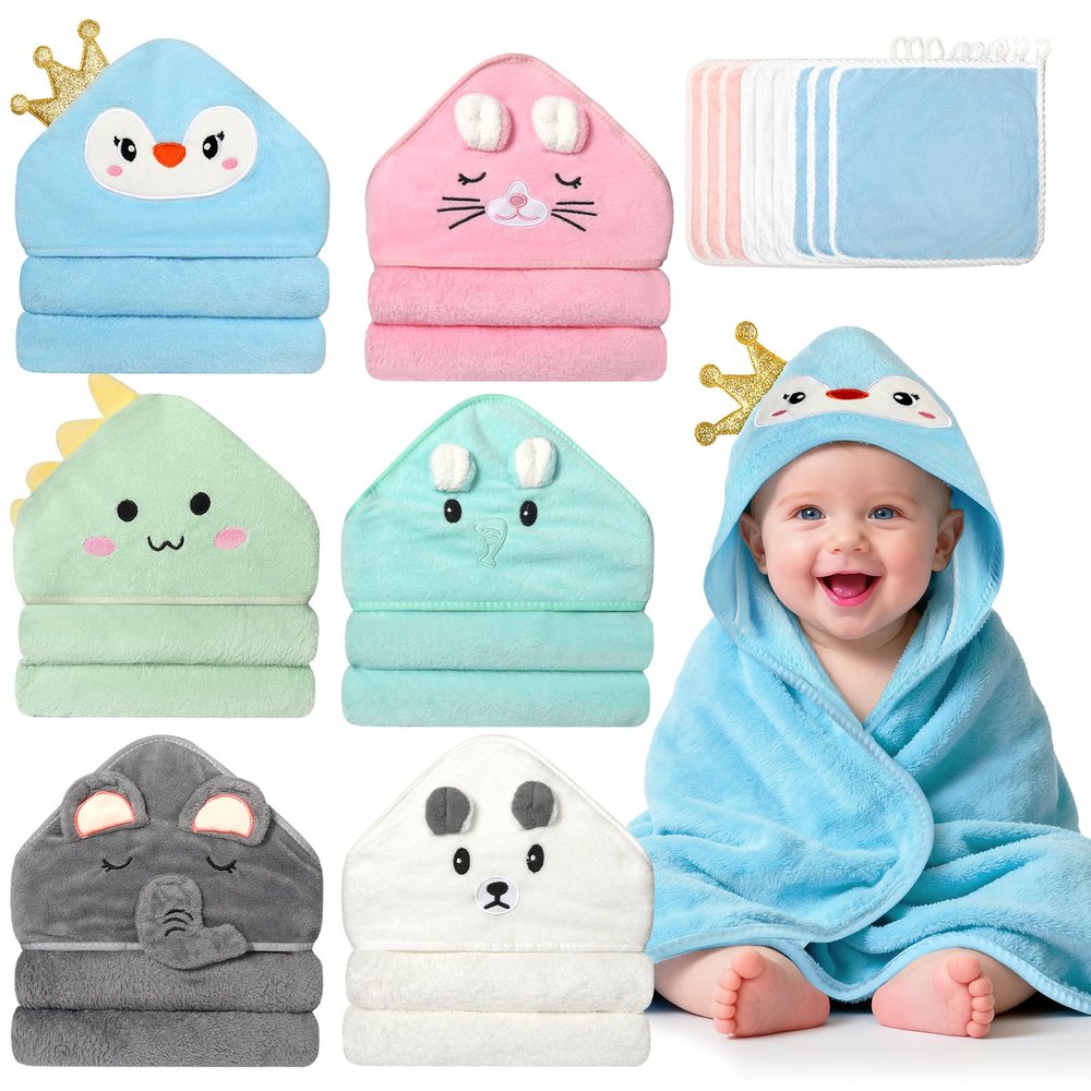15 PCS Hooded Baby Towels 31.5x31.5 in Soft Absorbent Baby Bath Towel 6 PCS Animal Towels & 9 PCS Washcloths Set Bath Essential for Newborns Toddlers and Kids Perfect Shower Gift for Boys or Girls