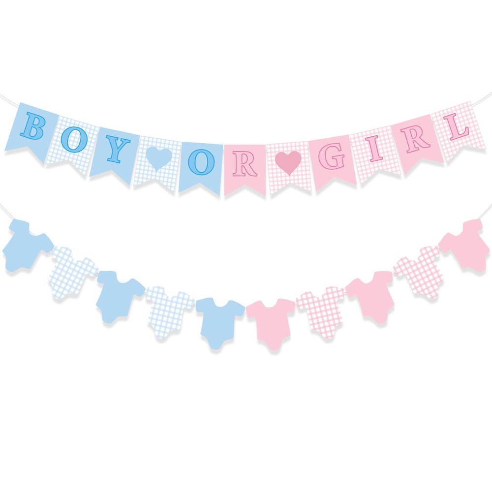 2pcs Pink and Blue Boy Or Girl Banner Baby Shower Gender Reveal Banner Photo Props Baby Clothes Decorations with Pink Blue Hearts for Girl Boys Gender Reveal Party Decorations Supplies