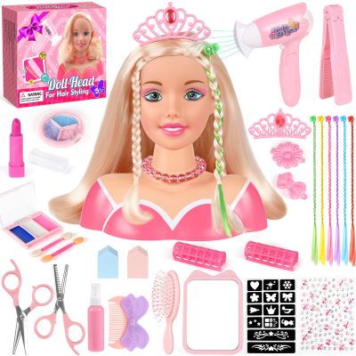 KUBUSFLY 44Pcs Hair Styling Doll Head Toys for Girls, Kids Makeup Hair Salon Pretend Play Styling Kit with Hairdryer, Straightener, Beauty Hair Toy Christmas Birthday Gift for Toddler Girls 3 4 5 6+