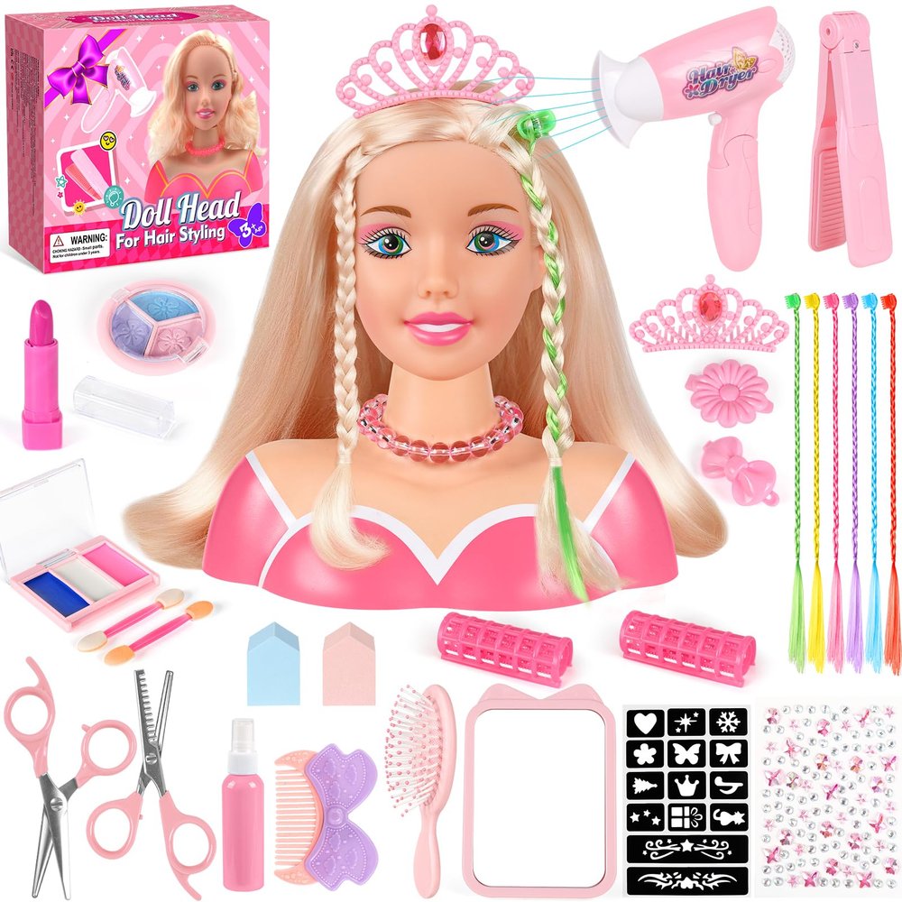 KUBUSFLY 44Pcs Hair Styling Doll Head Toys for Girls, Kids Makeup Hair Salon Pretend Play Styling Kit with Hairdryer, Straightener, Beauty Hair Toy Christmas Birthday Gift for Toddler Girls 3 4 5 6+