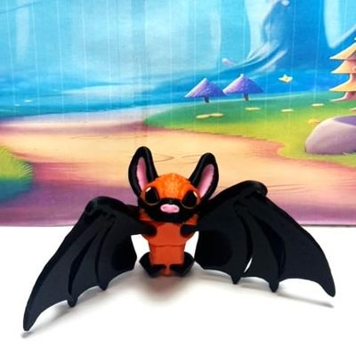 3D Printed Articulated Poseable Cinderbat for Halloween Decor, 2" Black and Orange Spooky Bat Fidget Toy, 3D Printed Trick or Treat Bat AB001-BO