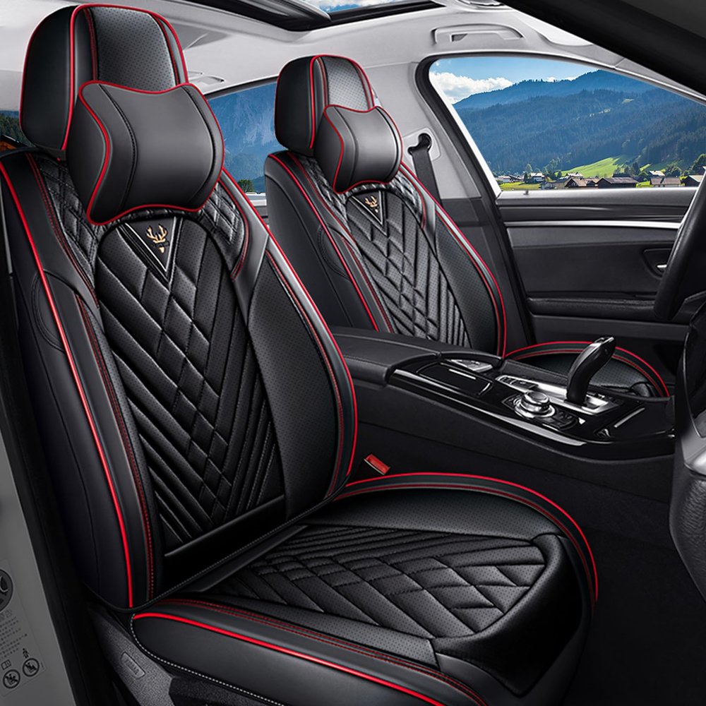 BYXN Car Seat Covers for Jeep Wrangler 2000-2026,Breathable Nappa Leather Car Seat Protector,Front Seat Cover with Pillow Automotive Seat Cushion with Airbag Compatible(Front Seats,Black-Red)
