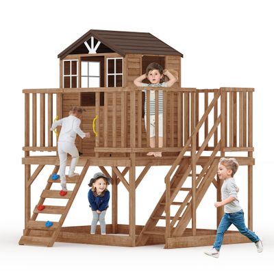 Kids Outdoor Playhouse with Climbing Wall, 2 Story Wooden Playhouse with Sandbox, Elevated Cedar Wooden Kids Playhouse with Step Ladder