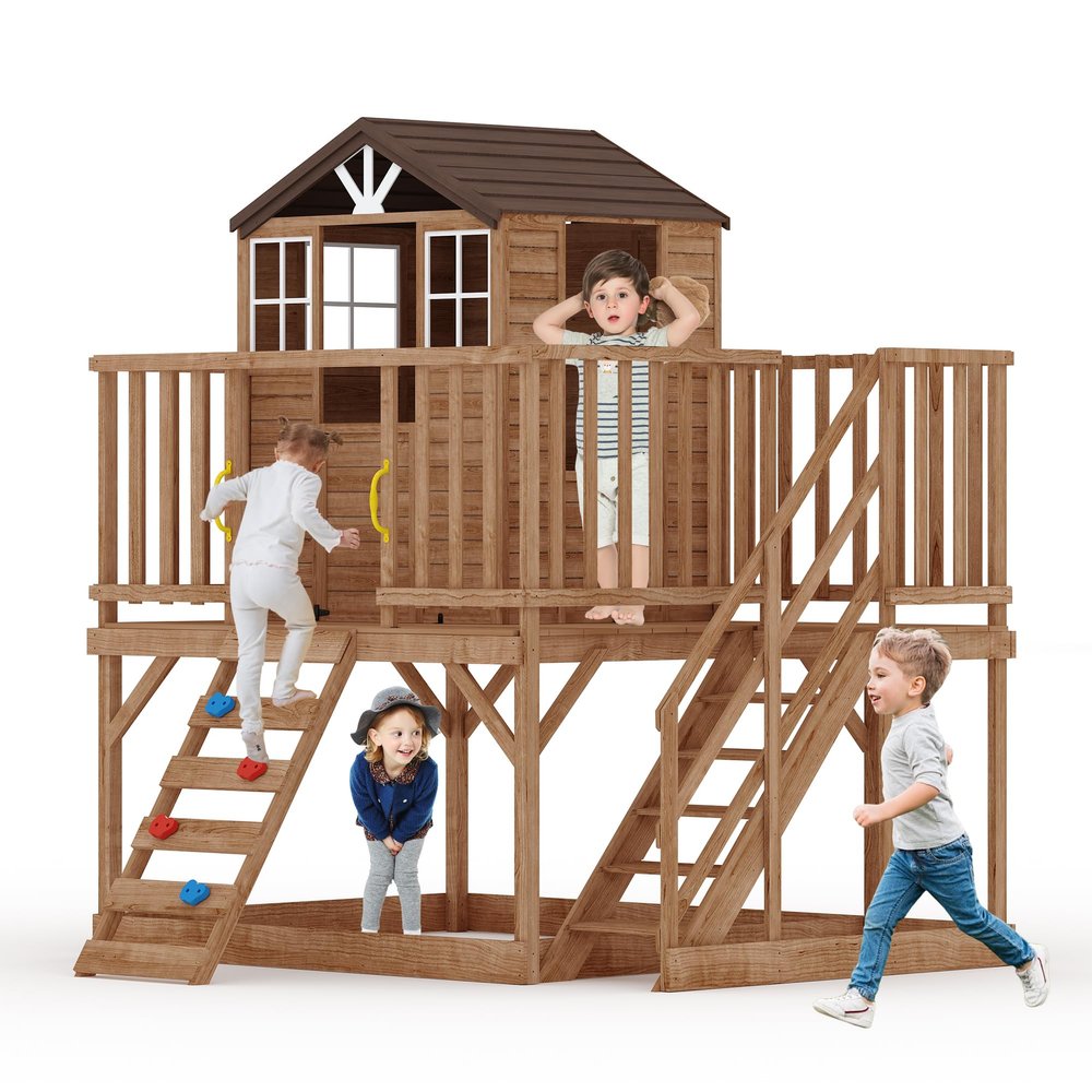Kids Outdoor Playhouse with Climbing Wall, 2 Story Wooden Playhouse with Sandbox, Elevated Cedar Wooden Kids Playhouse with Step Ladder