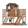 Kids Outdoor Playhouse with Climbing Wall, 2 Story Wooden Playhouse with Sandbox, Elevated Cedar Wooden Kids Playhouse with Step Ladder view 1