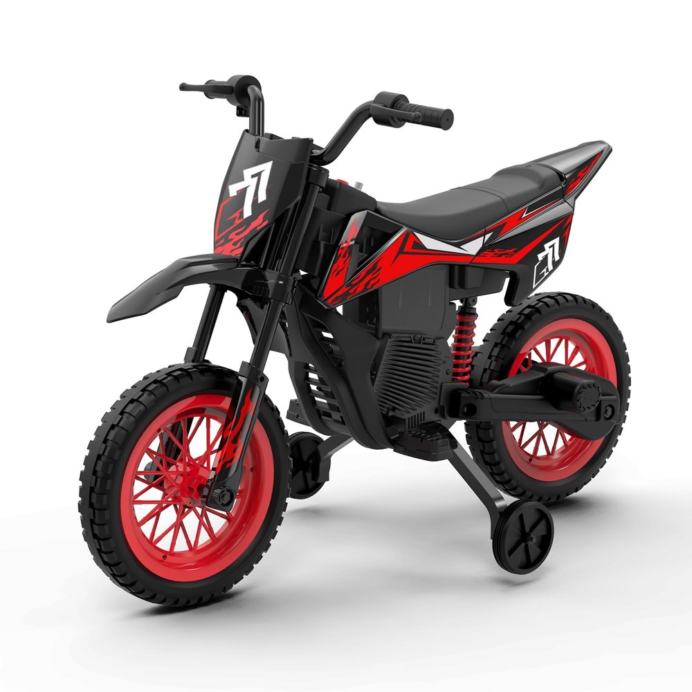 12V Kids Motorcycle, Ride on Motorbike, Equipped with Safety Training Wheels, Throttle Grip, Music, Spring Suspension, Idea for Little Kids 3-6 Years Old, Black