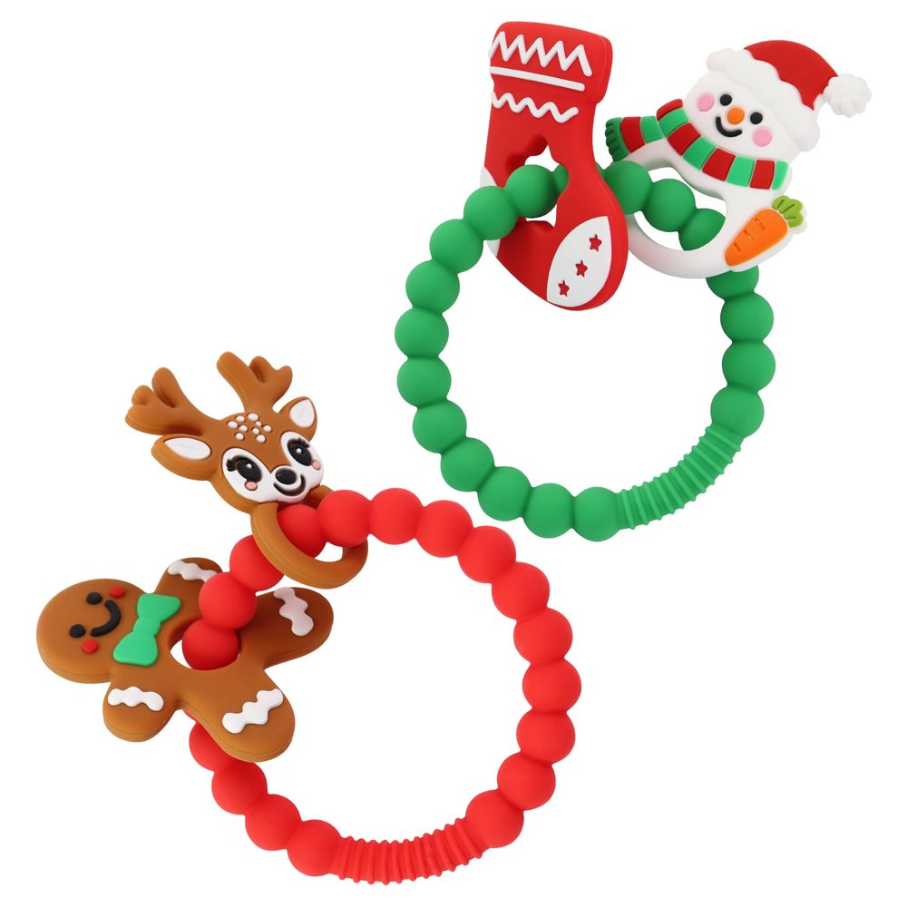 2 PCS Christmas Teething Ring Toys, Silicone Baby Teether Chew Toys for Newborns Infants Toddlers, Girl and Boy Christmas Stocking Stuffer Party Favors Gifts