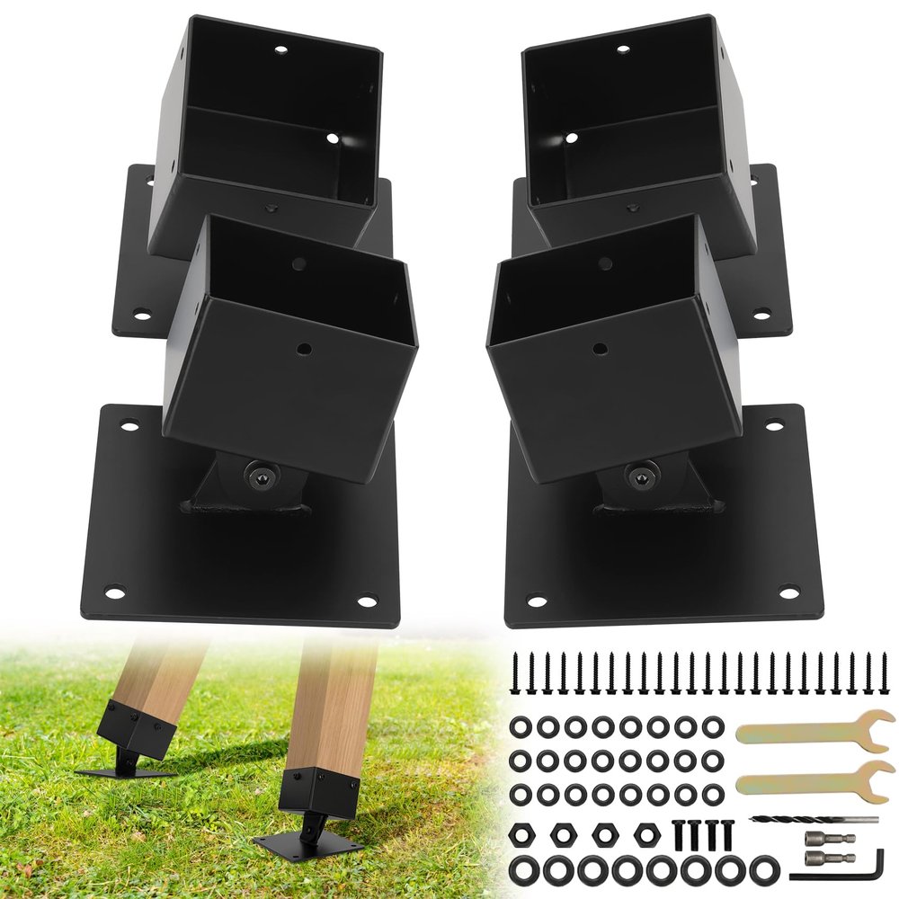 4 Pack Adjustable Swing Brackets, Swing Set Anchor Leveling Kit for 4 x 4 (Actual Size 3.5" x 3.5") Wood Legs, Swing Set Kit Effectively Enhance Stability and Safety, Includes Installation Accessories