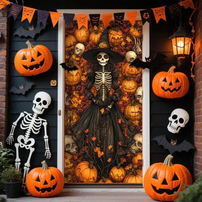 2025 Christmas and Halloween Front Door Decoration, Halloween Porch Sign New Stretch Christmas Door Covers Fabric, Funnychristmas Fall Doorcovers, Festive Party Home Decor(N-)