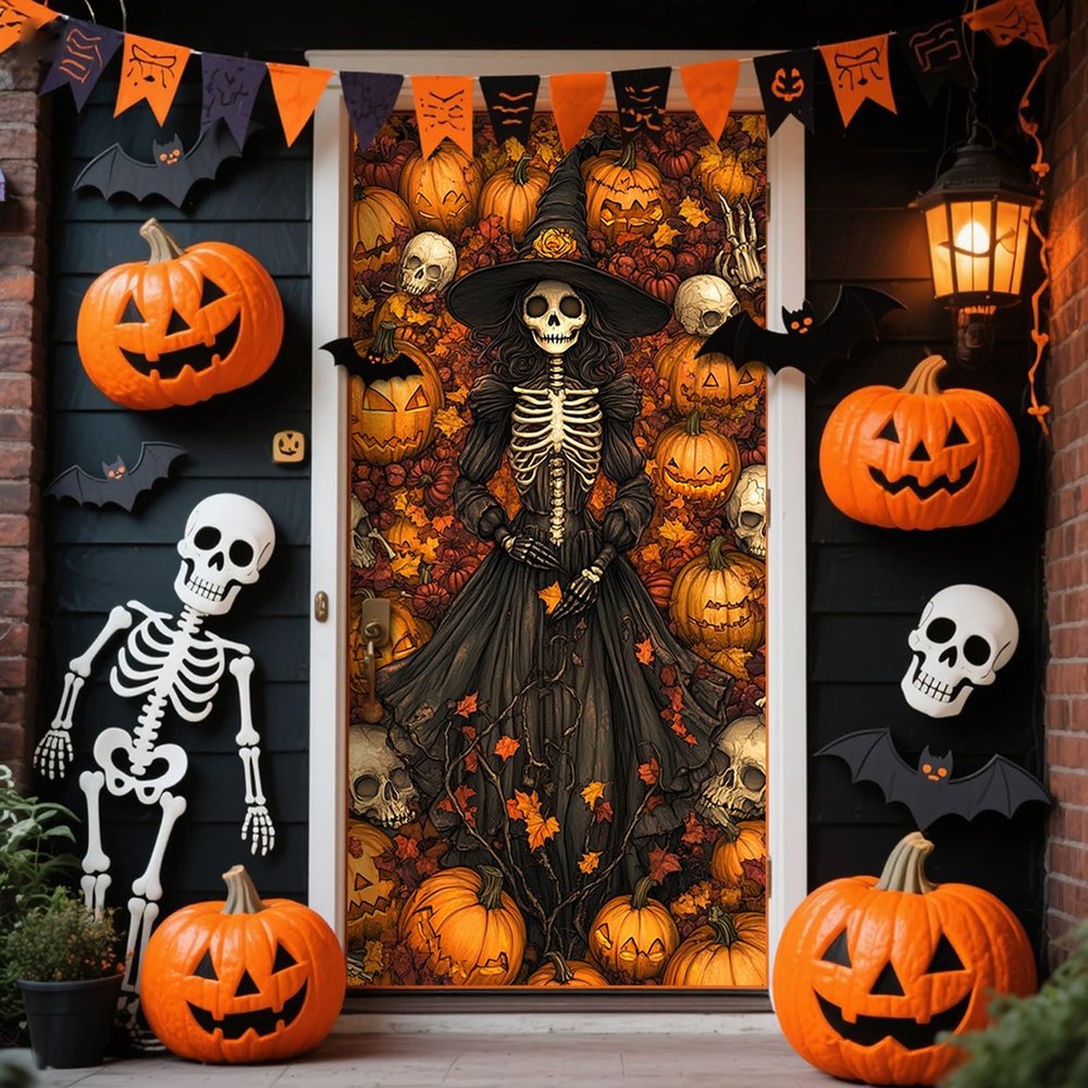 2025 Christmas and Halloween Front Door Decoration, Halloween Porch Sign New Stretch Christmas Door Covers Fabric, Funnychristmas Fall Doorcovers, Festive Party Home Decor(N-)