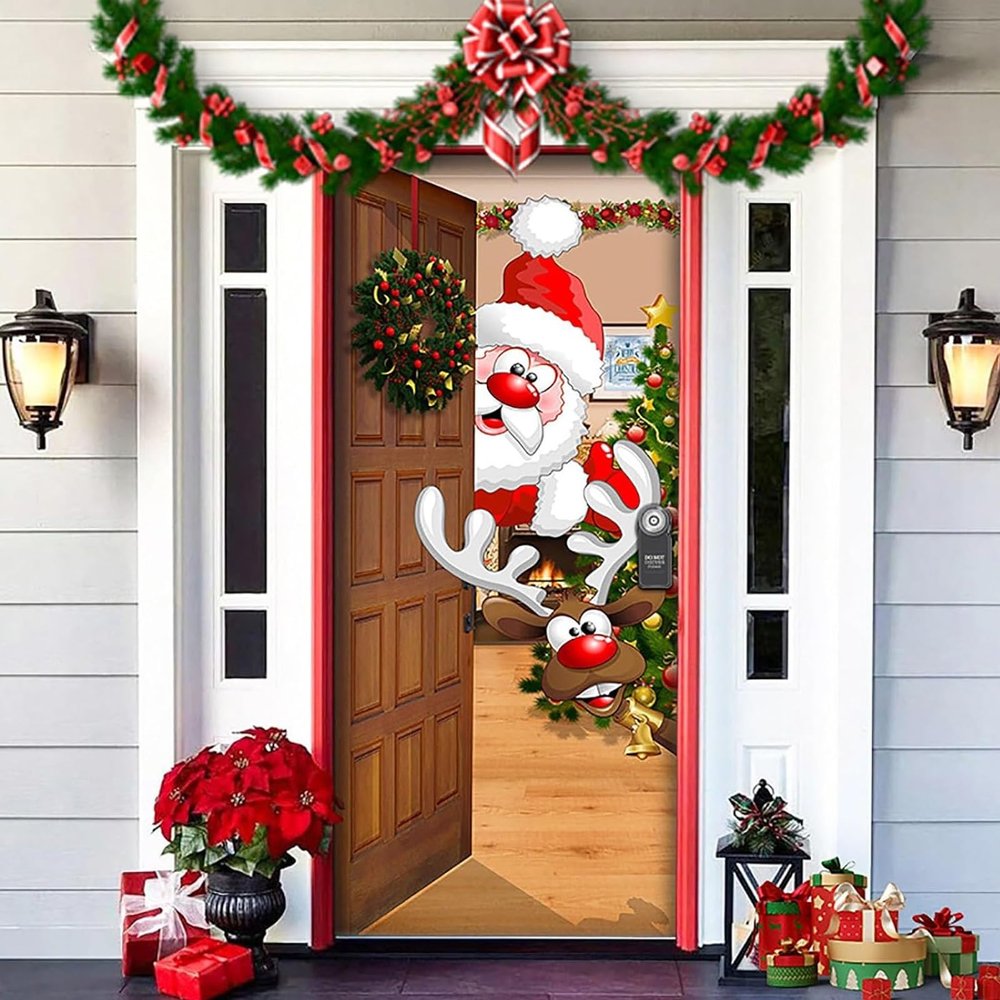 2025 Christmas and Halloween Front Door Decoration, Halloween Porch Sign New Stretch Christmas Door Covers Fabric, Funnychristmas Fall Doorcovers, Festive Party Home Decor(C-)