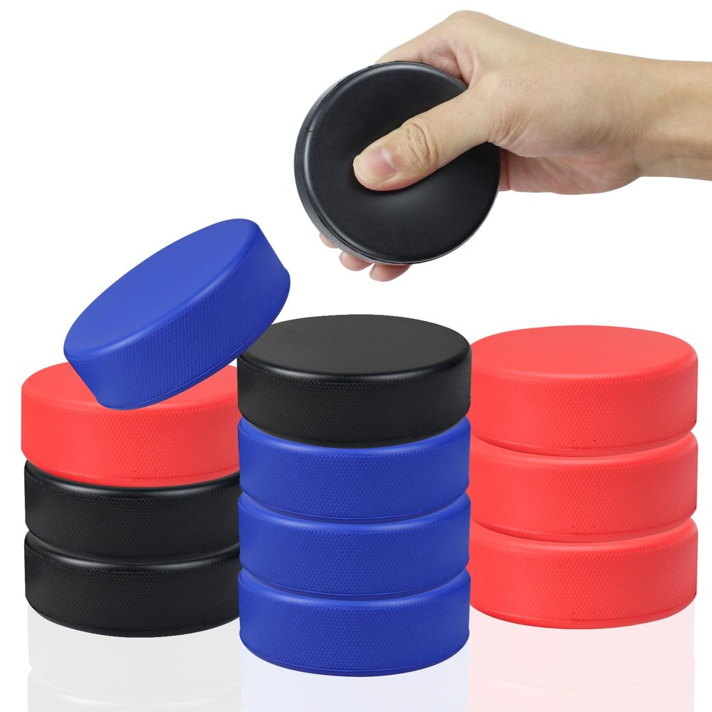 APUXXJUPA 12 Pcs Hockey Pucks, Red Black Blue Rubber Street Hockey Puck for Indoor Outdoor Practice for Kids Adults, Diameter 3", Thickness 1"