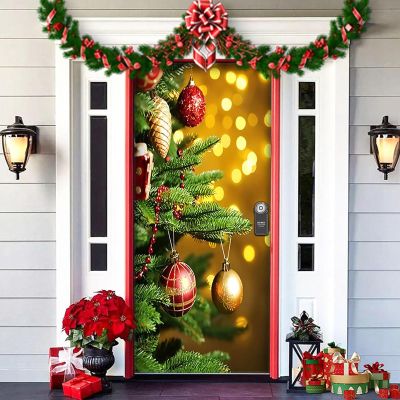 2025 Christmas and Halloween Front Door Decoration, Halloween Porch Sign New Stretch Christmas Door Covers Fabric, Funnychristmas Fall Doorcovers, Festive Party Home Decor(E-)