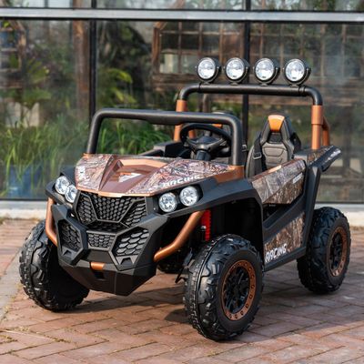 24V 2 Seater Kids Ride-On UTV, 4WD Electric Car with Parent Remote Control, 4x200W Motor, LED Headlights & Searchlights, Bluetooth Music, Spring Suspension, 3-Speed Off-Road Toy Gift, Copper