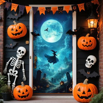2025 Christmas and Halloween Front Door Decoration, Halloween Porch Sign New Stretch Christmas Door Covers Fabric, Funnychristmas Fall Doorcovers, Festive Party Home Decor(U-)