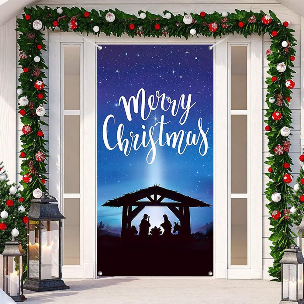 2025 Christmas and Halloween Front Door Decoration, Halloween Porch Sign New Stretch Christmas Door Covers Fabric, Funnychristmas Fall Doorcovers, Festive Party Home Decor(I-)