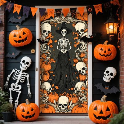 2025 Christmas and Halloween Front Door Decoration, Halloween Porch Sign New Stretch Christmas Door Covers Fabric, Funnychristmas Fall Doorcovers, Festive Party Home Decor(O-)