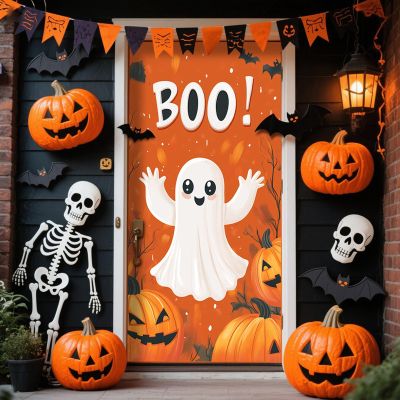2025 Christmas and Halloween Front Door Decoration, Halloween Porch Sign New Stretch Christmas Door Covers Fabric, Funnychristmas Fall Doorcovers, Festive Party Home Decor(A-)