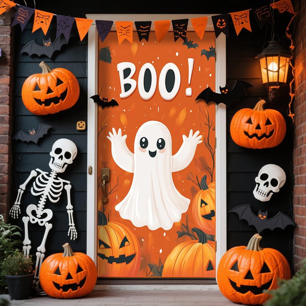 2025 Christmas and Halloween Front Door Decoration, Halloween Porch Sign New Stretch Christmas Door Covers Fabric, Funnychristmas Fall Doorcovers, Festive Party Home Decor(A-)