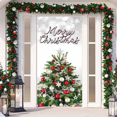 2025 Christmas and Halloween Front Door Decoration, Halloween Porch Sign New Stretch Christmas Door Covers Fabric, Funnychristmas Fall Doorcovers, Festive Party Home Decor(G-)