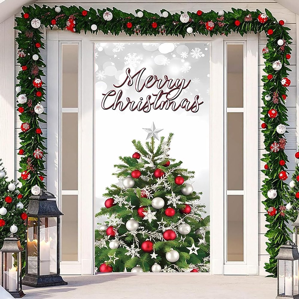 2025 Christmas and Halloween Front Door Decoration, Halloween Porch Sign New Stretch Christmas Door Covers Fabric, Funnychristmas Fall Doorcovers, Festive Party Home Decor(G-)