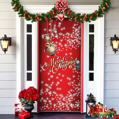 2025 Christmas and Halloween Front Door Decoration, Halloween Porch Sign New Stretch Christmas Door Covers Fabric, Funnychristmas Fall Doorcovers, Festive Party Home Decor(D-)
