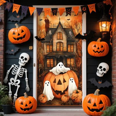 2025 Christmas and Halloween Front Door Decoration, Halloween Porch Sign New Stretch Christmas Door Covers Fabric, Funnychristmas Fall Doorcovers, Festive Party Home Decor(Q-)