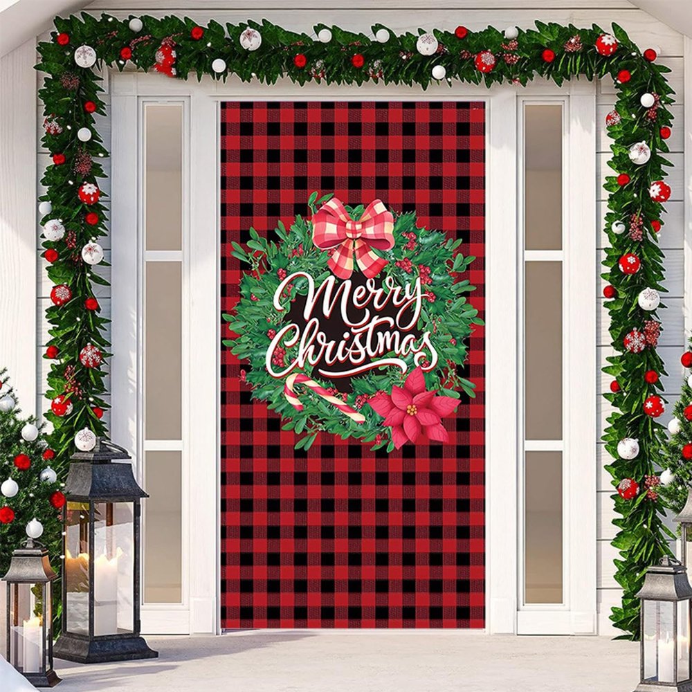2025 Christmas and Halloween Front Door Decoration, Halloween Porch Sign New Stretch Christmas Door Covers Fabric, Funnychristmas Fall Doorcovers, Festive Party Home Decor(H-)